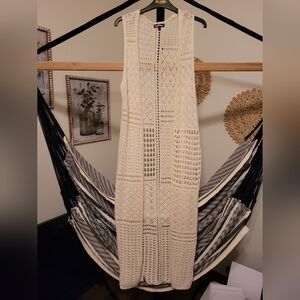 Long Freshman Crocheted Open Front Open Knit Sleeveless Duster Cardigan